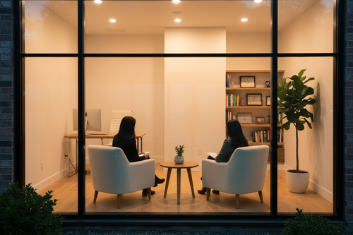 consultation room from a window where we cant see anyones faces 